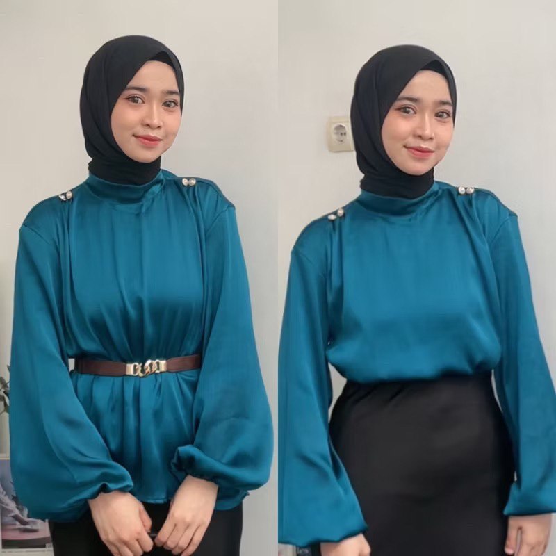Helena Blouse Wanita Satin Premium Muslimah Highneck Lengan Balon BigSize Elegan Atasan Lebaran