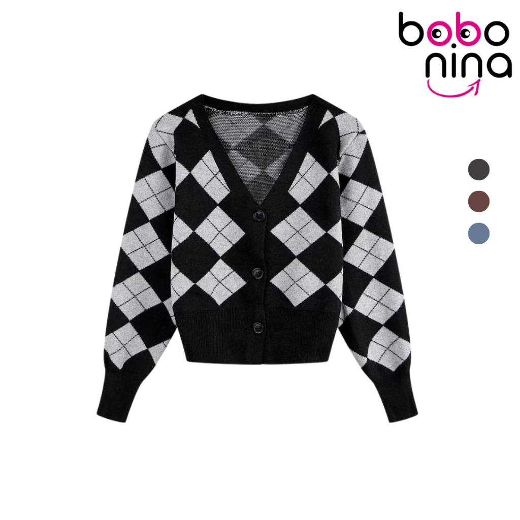 Ninabobo SL037 Kardigan Tebal Lengan Panjang Wanita Vintage Cardigan Outer Motif Kotak Kancing