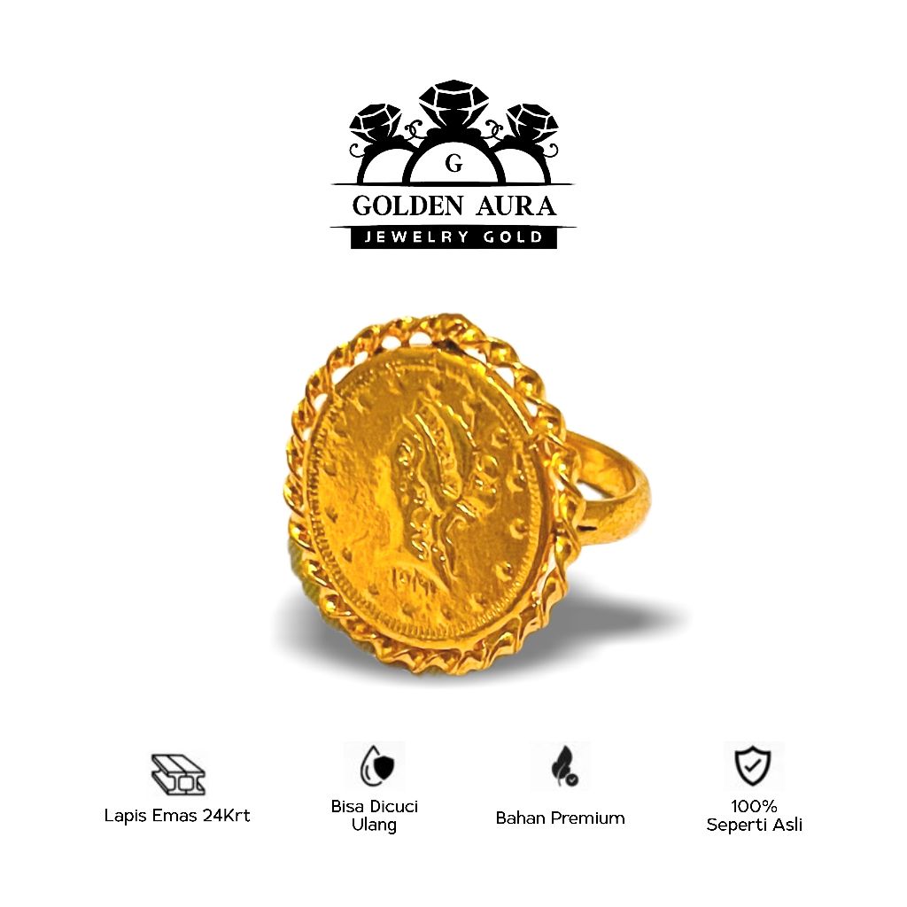 Cincin Wanita Lapis Emas 24K Model Koin Ukir Vintage Premium Ring Fashion Dewasa Bisa Dicuci Ulang 1