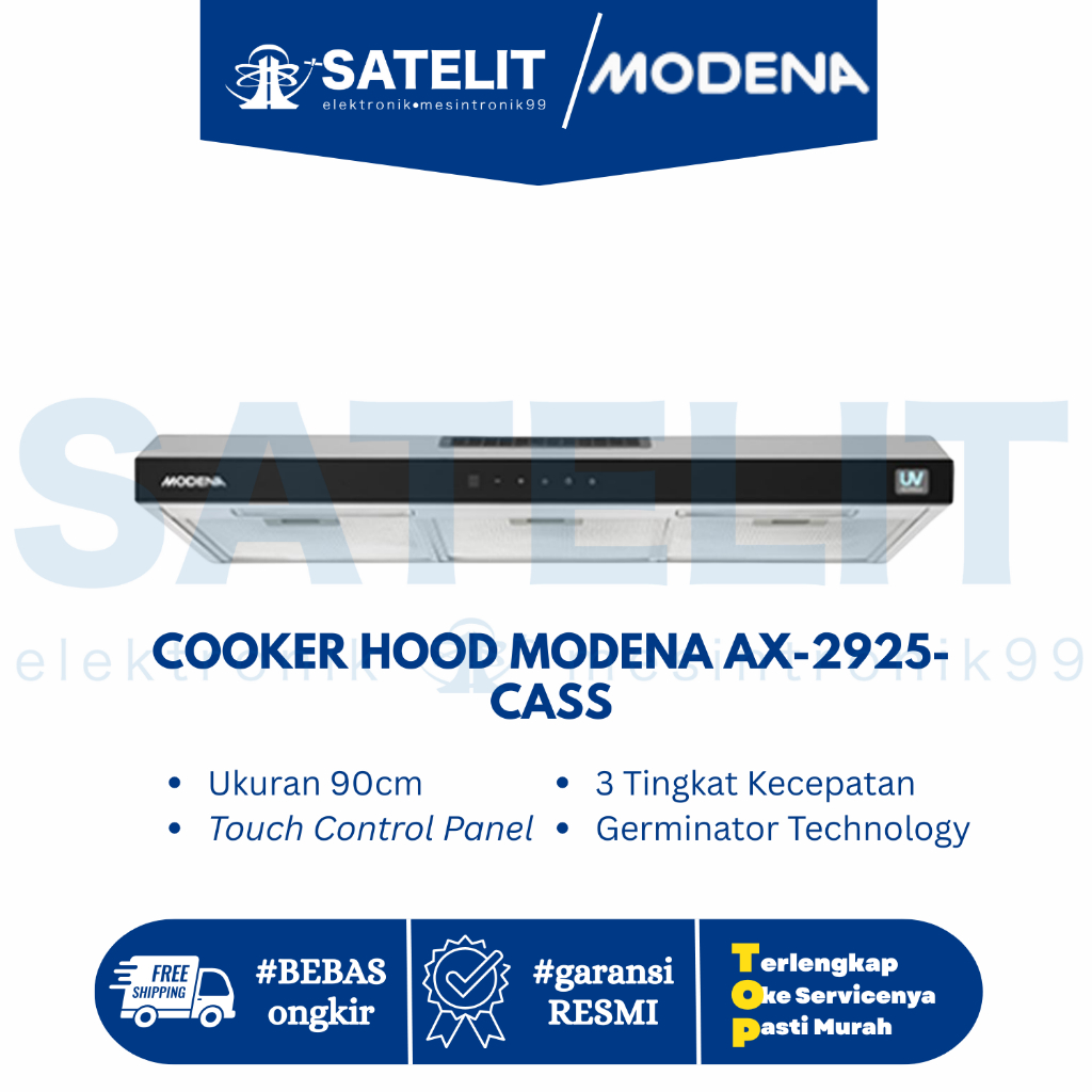 Cooker Hood MODENA AX-2925-CASS 90cm • Penghisap Asap Dapur Kaca Tempered • Touch Control • Daya His