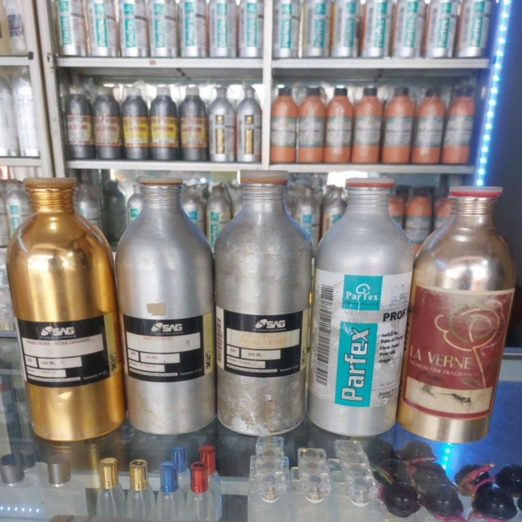 botol kaleng almunium dan plastik bekas bibit parfum 500 ml