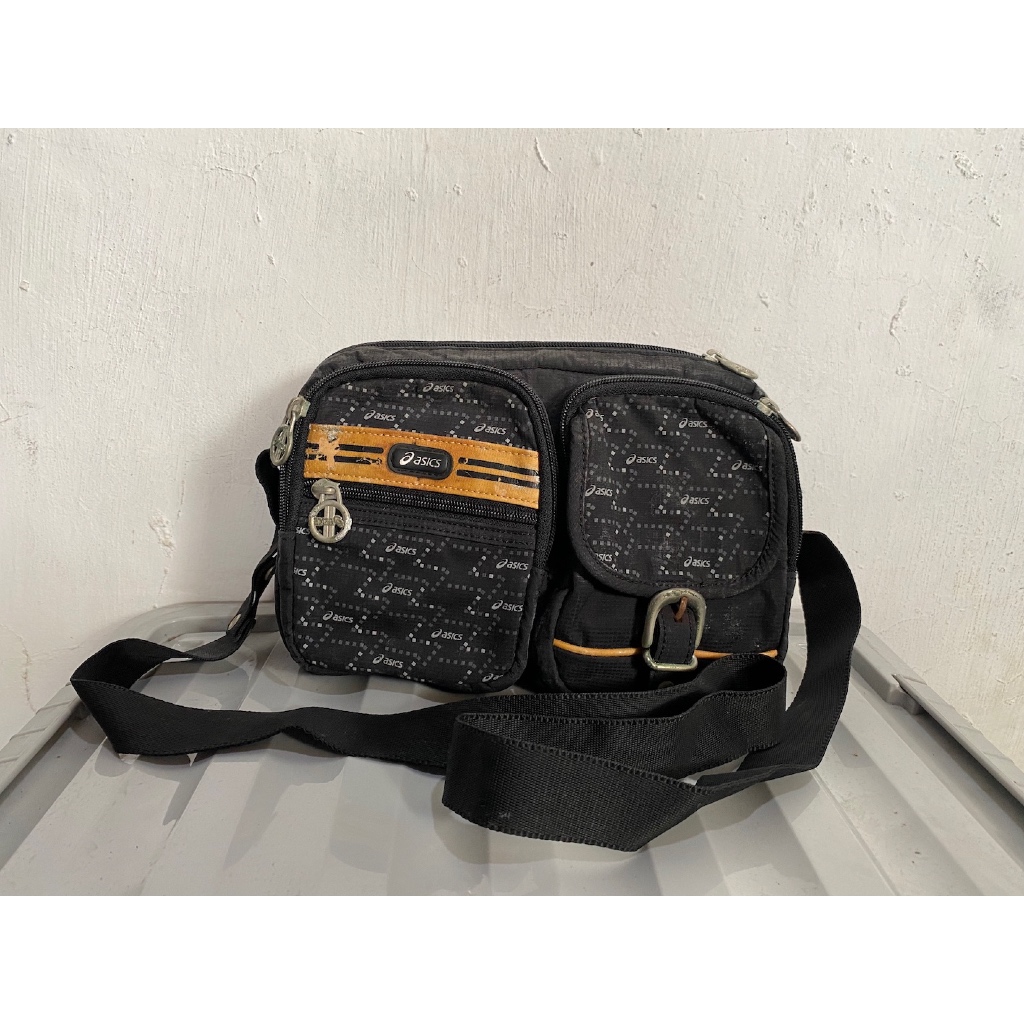tas sling bag slempang pria cowo brand Asics nylon canvas hitam preloved