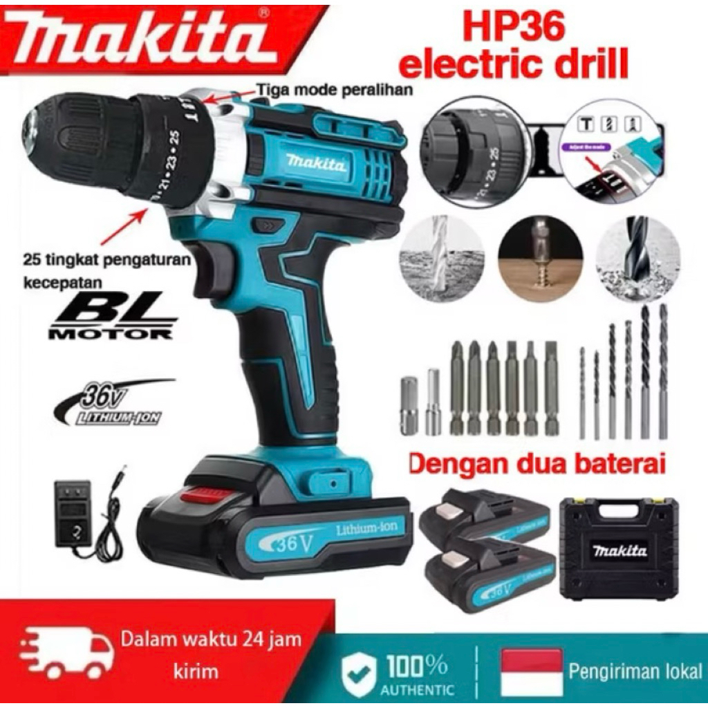 MAKITA Bor Impact Elektrik Makita 96V Tanpa Kabel dengan Mata Bor dan 2 Baterai Alat Obeng Bor Tanga