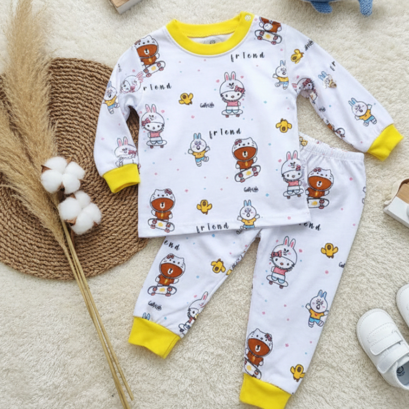 SETELAN BAJU BAYI MOTIP brown laki laki perempuan UMUR 4-18 BULAN KANCING PUNDAK LENGAN PANJANG