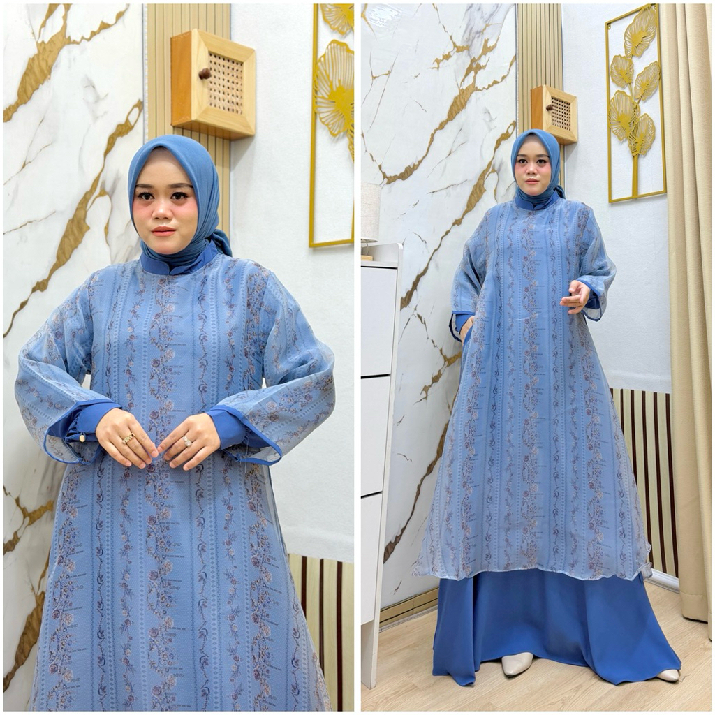 GAMIS TREND LEBARAN TERBARU ORGANZA PRINTING MOTIF SULTAN 01 KOMBINASI MARBELA ANTI UV PREMIUM