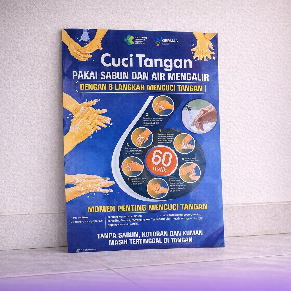 Poster Kesehatan Ukuran 31.5 cm x 46.5 cm : Poster Cara Cuci Tangan 6 Langkah versi Kemenkes.