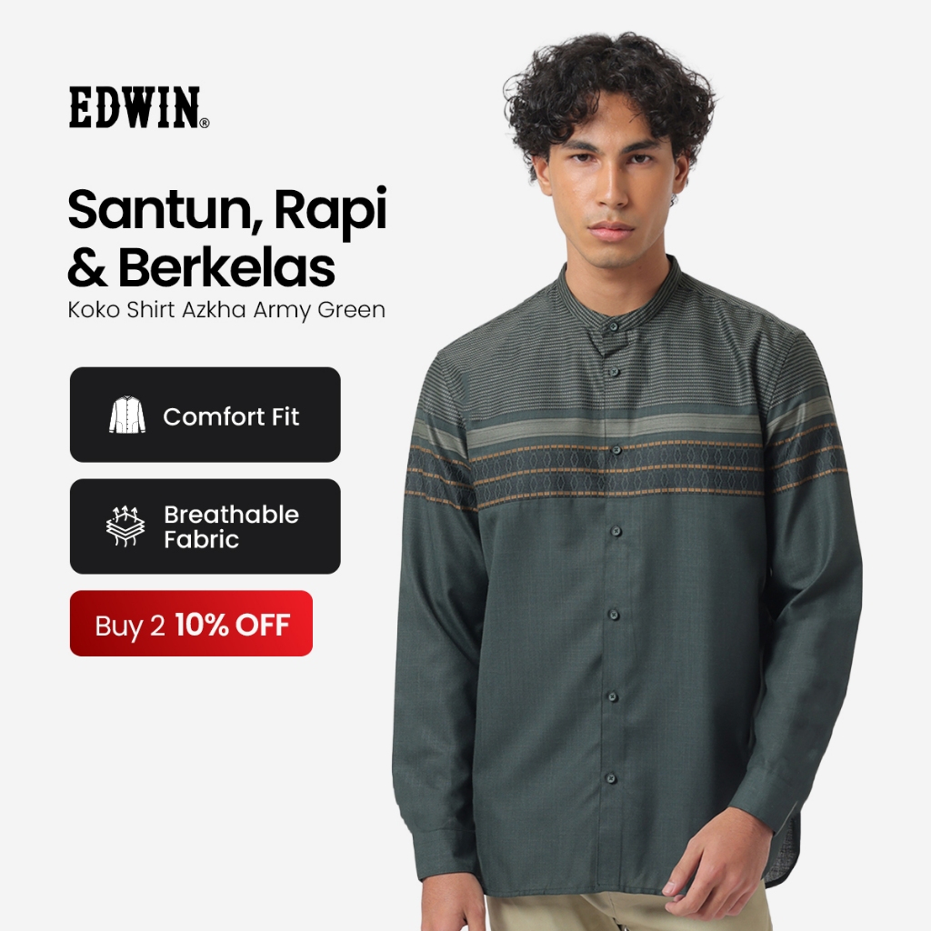 EDWIN JEANS - Kemeja Koko Pria Lengan Panjang AZKHA ARMY GREEN Baju Muslim Pria