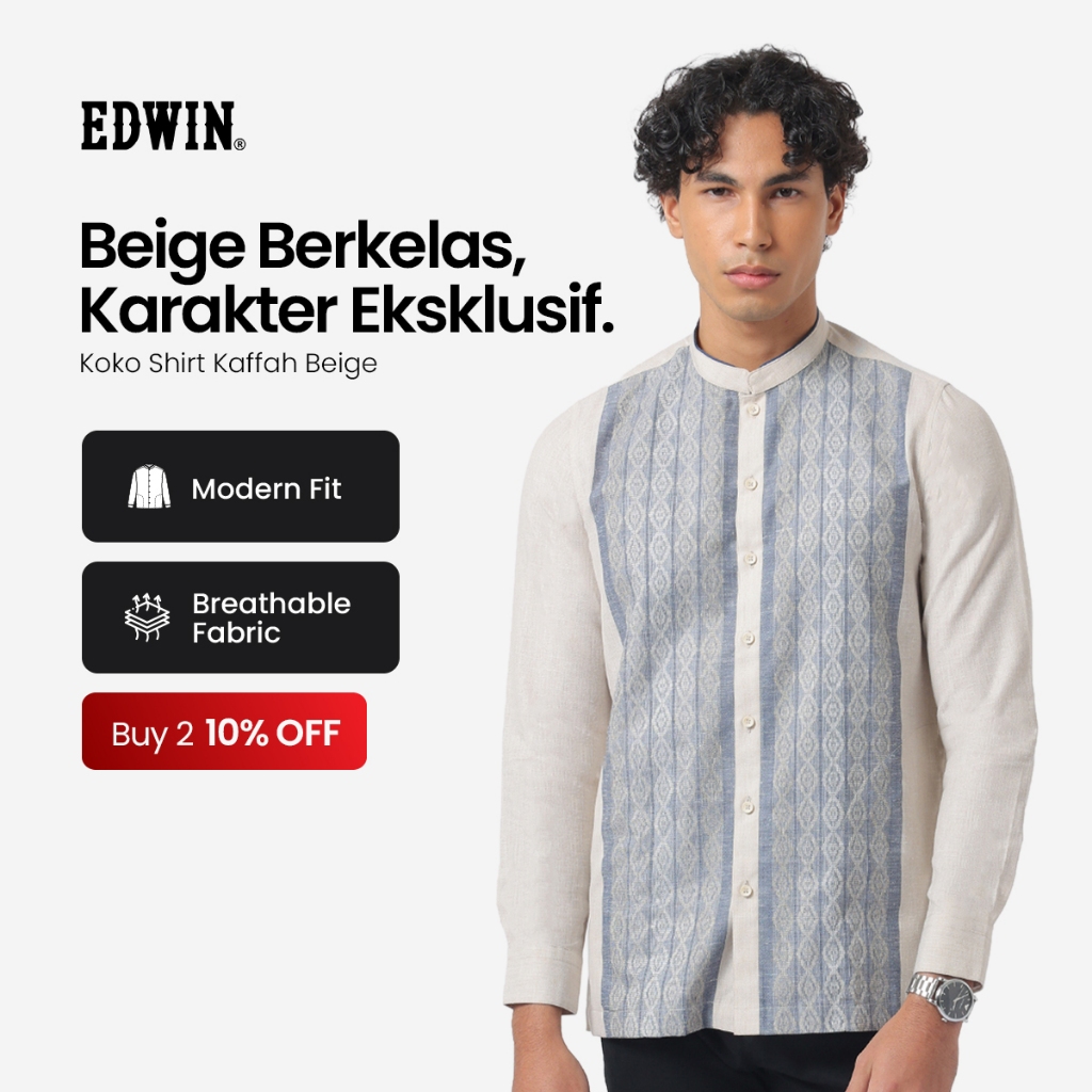 EDWIN JEANS - Kemeja Koko Pria Lengan Panjang KAFFAH BEIGE Baju Muslim Pria