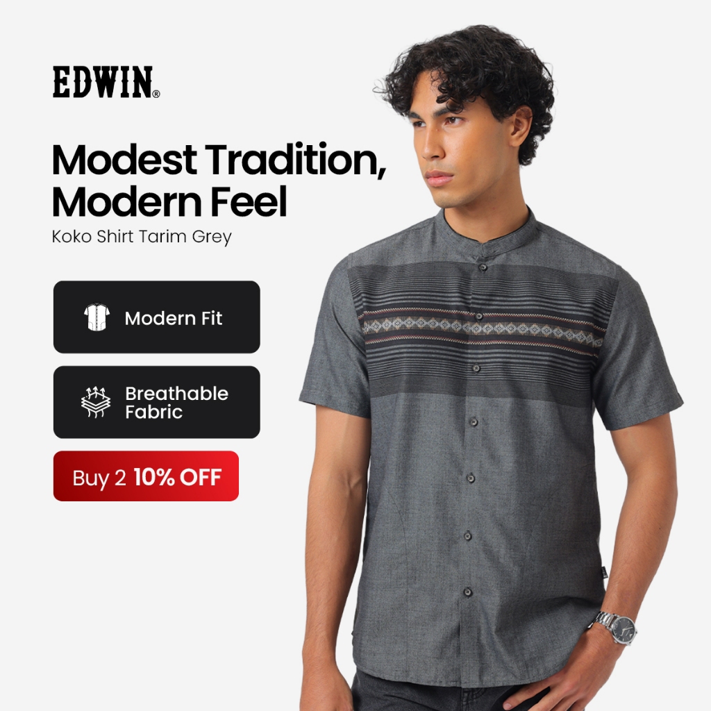 EDWIN JEANS - Kemeja Koko Pria Lengan Pendek TARIM GREY Baju Muslim Pria