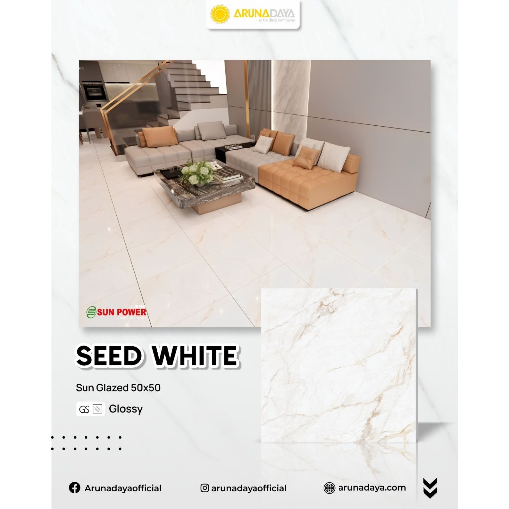 Keramik Lantai Glossy Polished Sun Power Seed White Ukuran 50x50-Keramik Murah