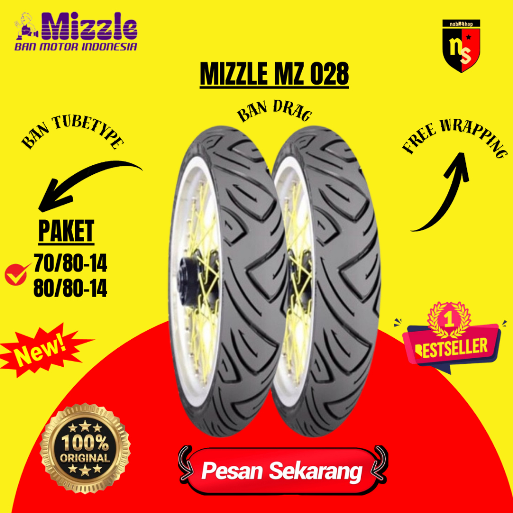 PAKET BAN MIZZLE 70/80-14 DAN 80/80-14 RING 14 BAN CACING TUBETYPE NONTUBELESS MZ028