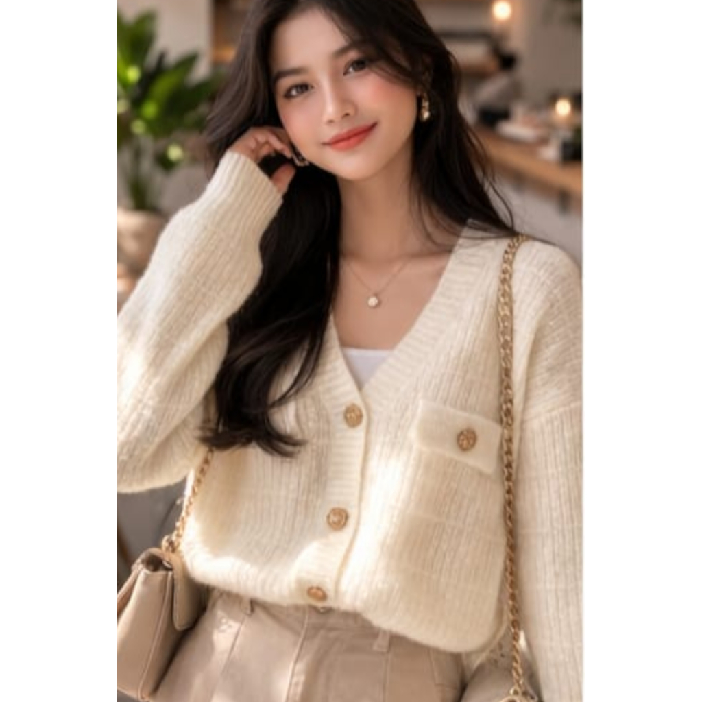 Cardigan Wanita Rajut Tebal Premium Korean Style Basic Elegant Kekinian Putih