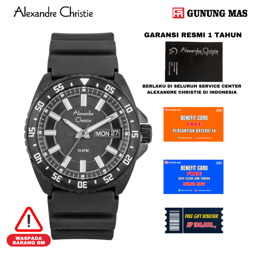 Alexandre Christie Jam Tangan Pria AC 6541 ME RIPBA Men Black Dial Black Rubber Strap 100% Original