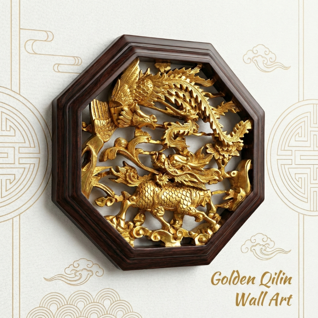 Hiasan Dinding Feng Shui Naga Phoenix Qilin Emas Wall Decor Oriental Pembawa Hoki 40cm