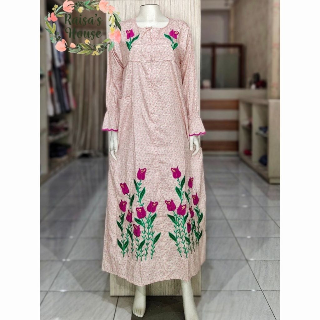 DASTER LONGDRESS BORDIR KHAS MALANG - LENGAN PANJANG I BUNGA PINK