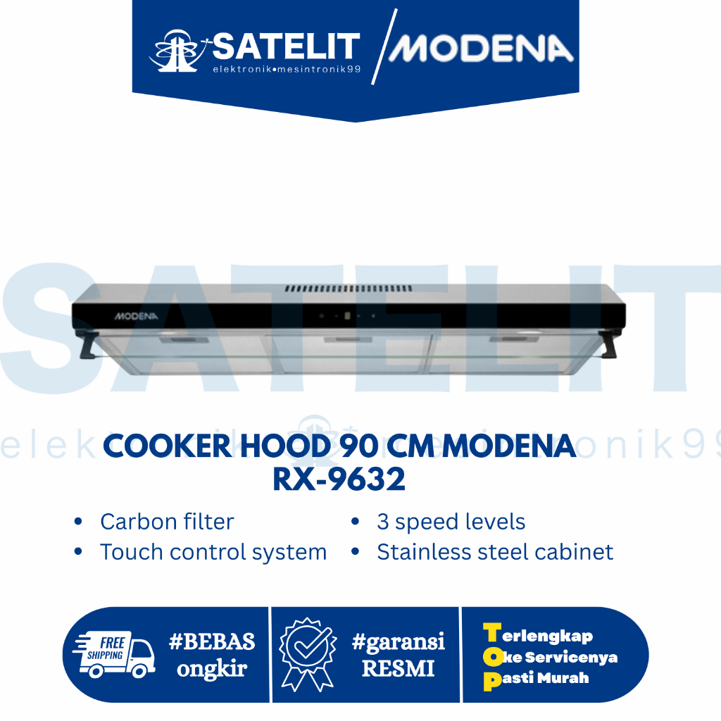 Cooker Hood Modena RX‑9632 Slim Hood – Cooker Hood / Penghisap Asap Dapur 90 cm – Stainless + Glass,
