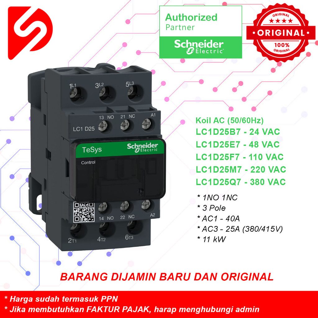 Kontaktor RESMI ORIGINAL SCHNEIDER LC1D25M7 3P 25A LC1D25B7 LC1D25E7 LC1D25F7 LC1D25Q7