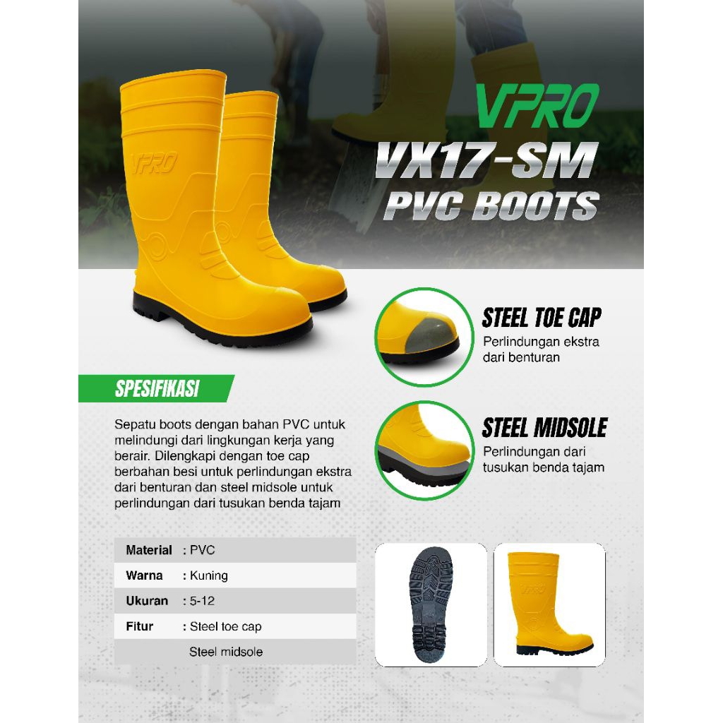 SEPATU SAFETY BOOTS VPRO VX17-SM PVC BOOTS - VPRO VX17 - SEPATU BOOTS UJUNG BESI - SAFETY BOOTS