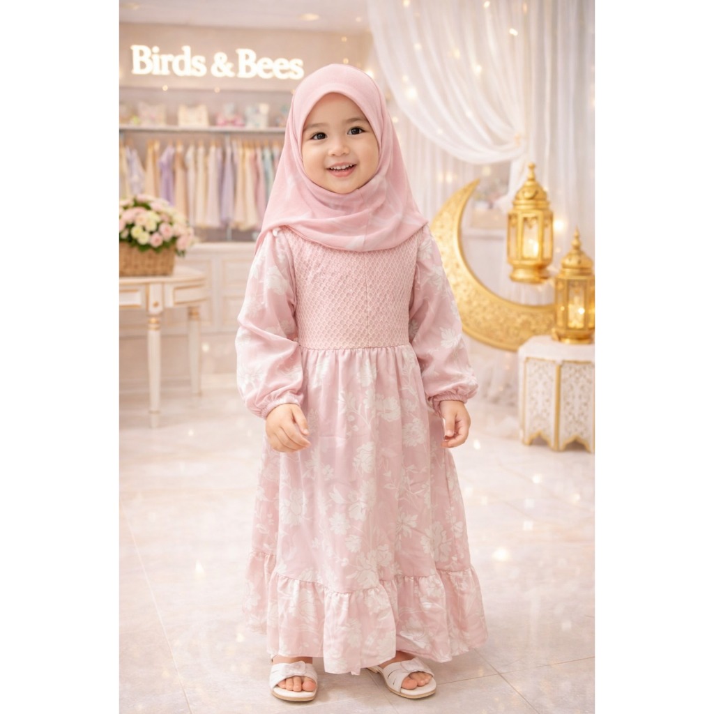 Birds and Bees Exclusive Lebaran Baju Gamis Anak Perempuan Kembang Rompi Brokat Jala