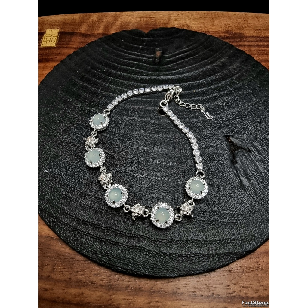 Gelang Flexible Silver Zircon Batu Giok Jade Blue Water Myanamr HQ 5x5mm C1504