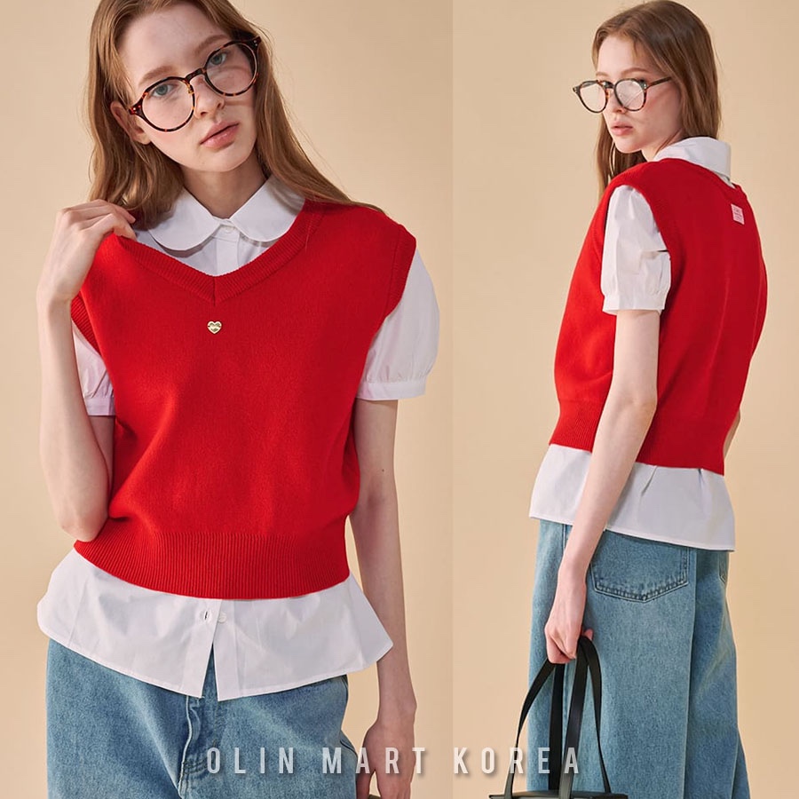 RONRON_HEART V NECK VEST KNIT RED