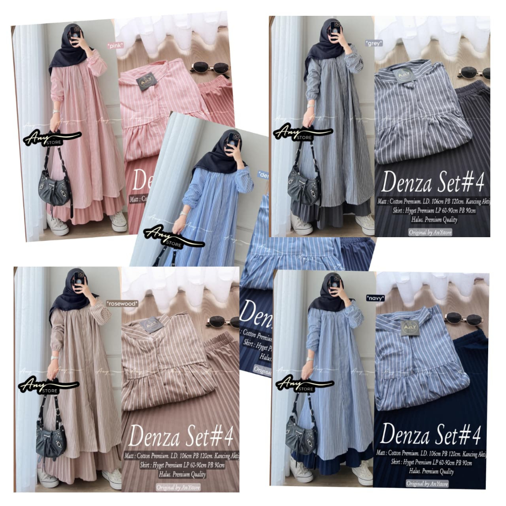 Denza Set Original AnyStore Setelan Tunik Kemeja Wanita Garis Garis Striped & Rok Plisket Panjang Mu
