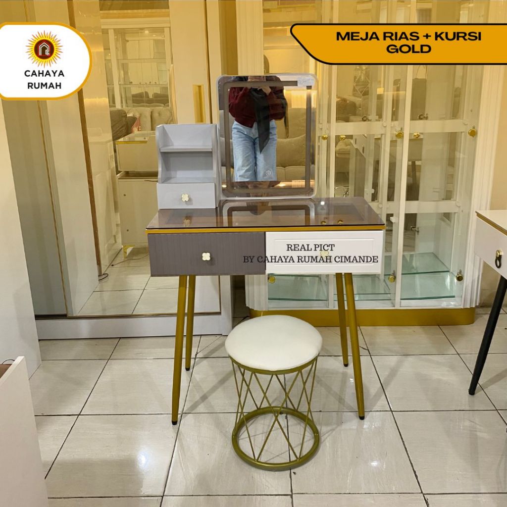 Cahaya Rumah Bojong Gede - Meja Rias + Kursi Bulat Gold / Meja Rias Minimalis / Meja Rias Multifungs