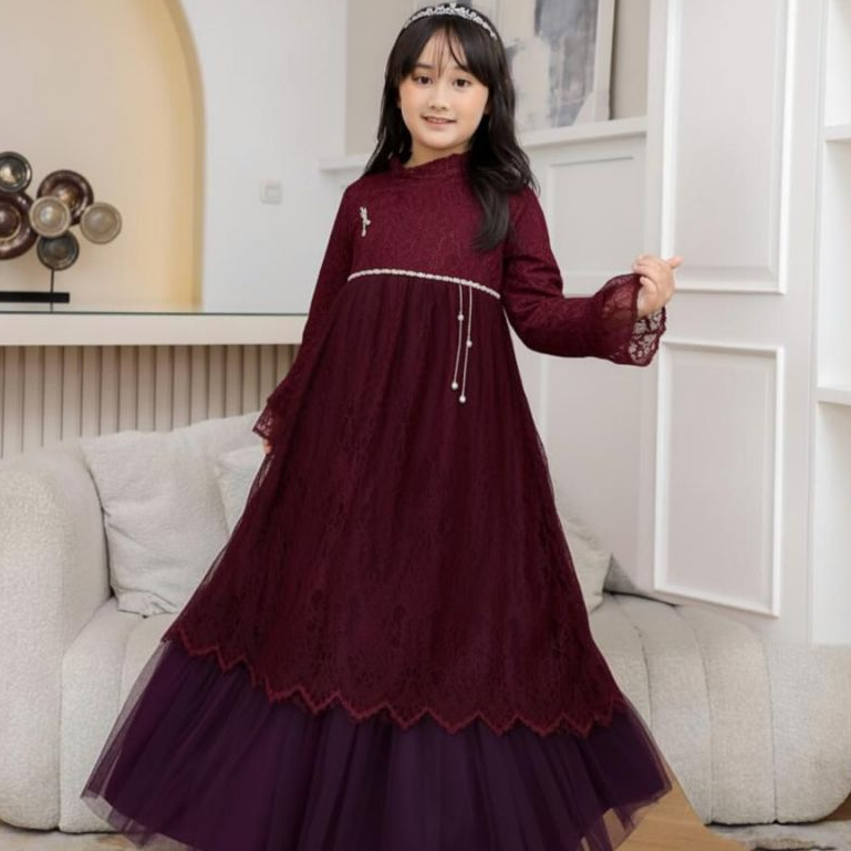 Renjana Dress Kids Gamis Anak Perempuan Tanggung Usia 9-15 Tahun Velvet Mix Brokat Mewah Elegan 2026