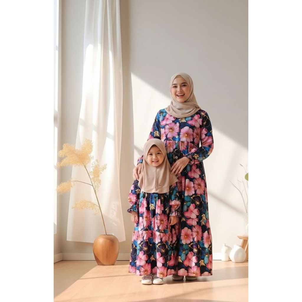 GAMIS LEBARAN GAMIS COUPLE IBU & ANAK GAMIS BAHAN RAYON PREMIUM MOTIF BUNGA