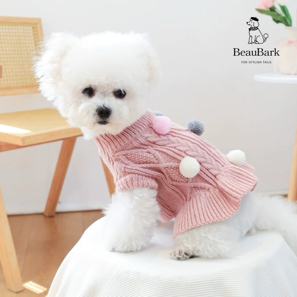 COTTON CANDY - Knitted Pom Pom Dress SIZE M (Baju Anjing & Kucing)