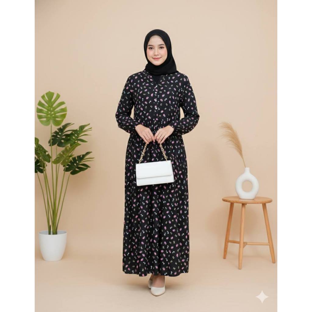 DAISY - Daisy Black Purple Homedress Gamis Rayon Motif Premium Terbaru – Dress Muslimah Lengan Panja