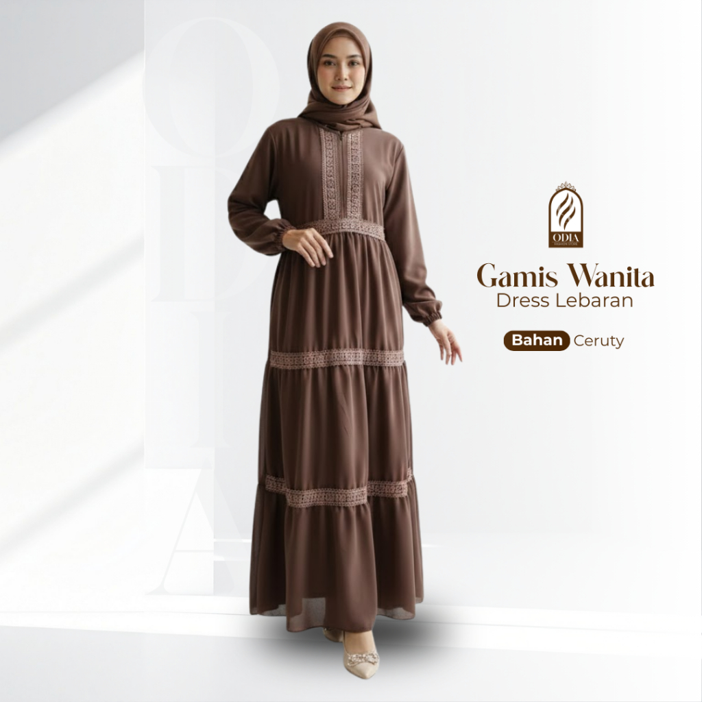 Gamis Wanita Kekinian Dress Lebaran Syari Ceruty Warna Coklat Odia Fashion Renda All Size