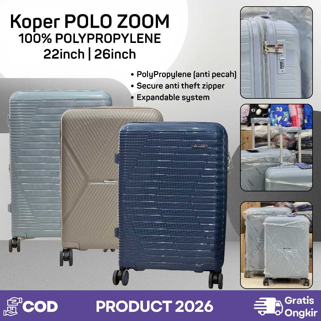 KOPER POLO ZOOM ORIGINAL 100% 22inch 26inch FIBER ANTI PECAH DOUBLE ZIP EXPANDABLE RODA PUTAR 360°