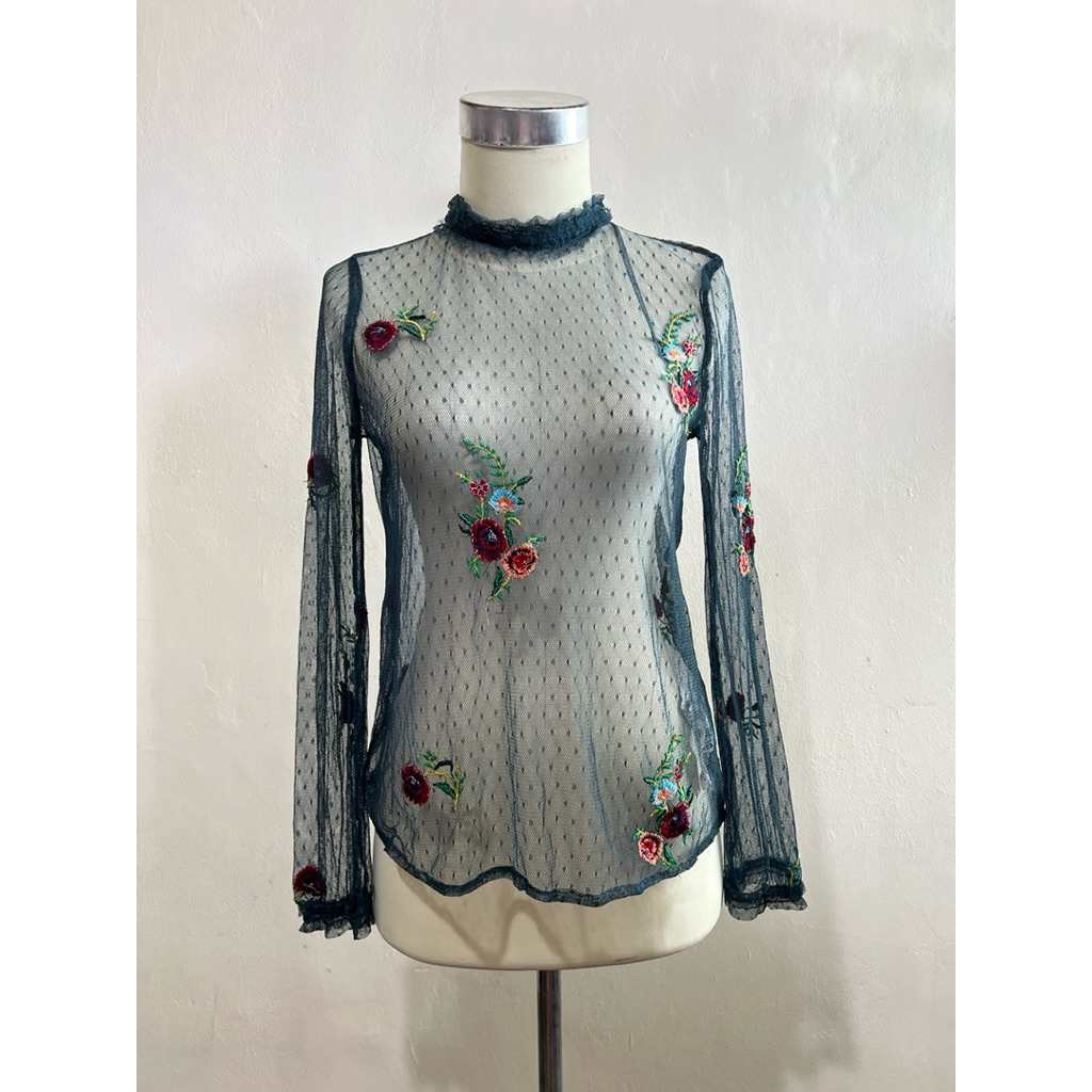preloved ZARA emerald green sheer embroidered tulle blouse tille bordir floral bunga