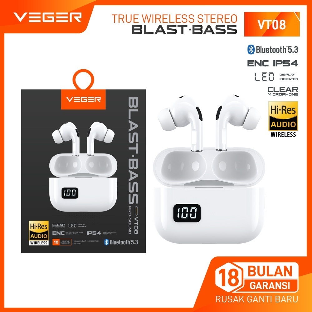 VEGER Earphone Bluetooth VT-08 5.3 Version (Putih)