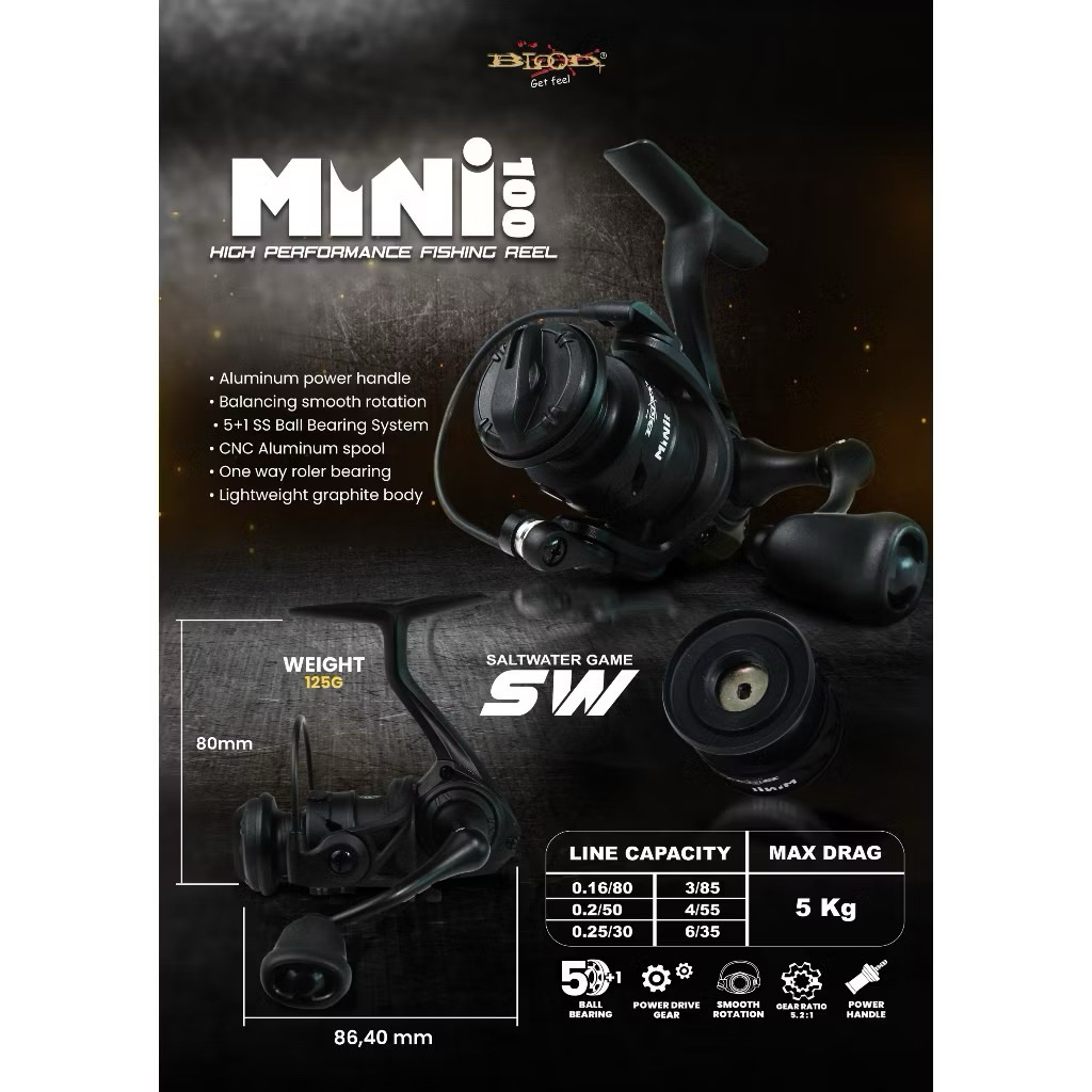 Reel Pancing Blood Mini 100 Power Handle Drag 5Kg