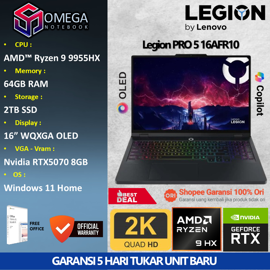 Lenovo Legion PRO 5 16AFR10 Ryzen 9 9955HX 64GB 2TB RTX5070 8GB 16.0 WQXGA WIndows 11 + Office