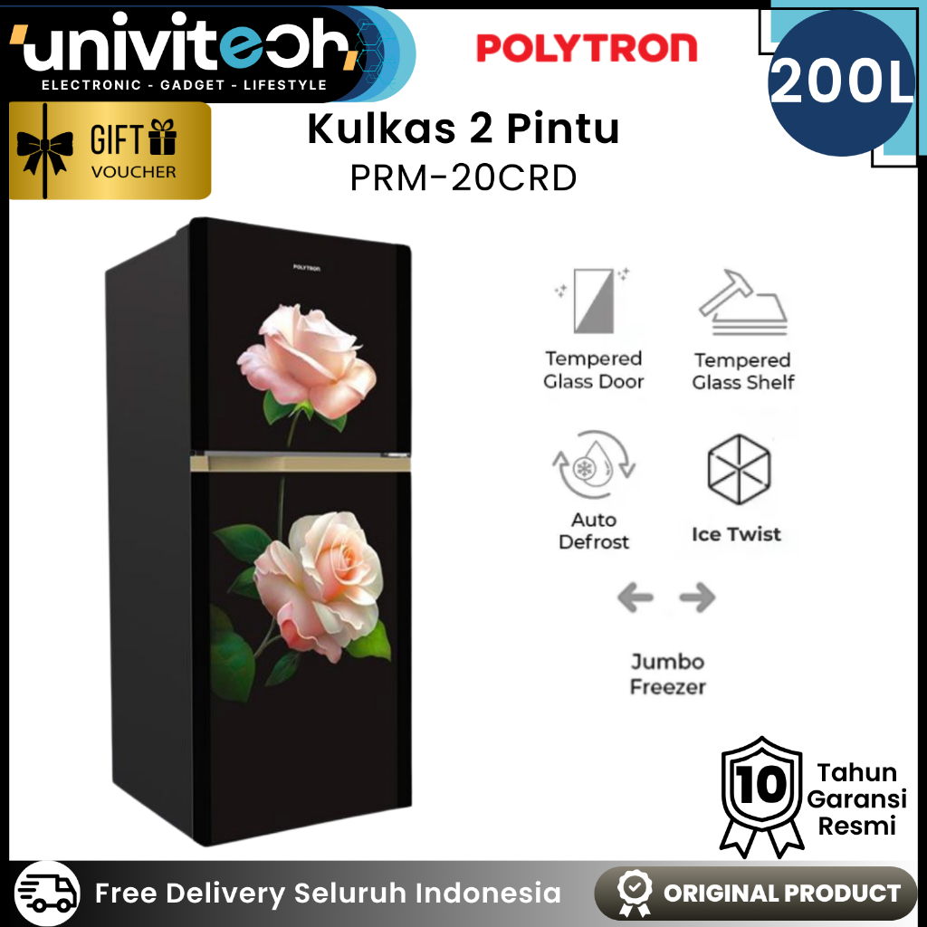 Kulkas Polytron 2 Pintu 200L Tanpa Bunga Es Low Watt Pintu Kaca Raka Kaca Jumbo Freezer - PRM 20CRD