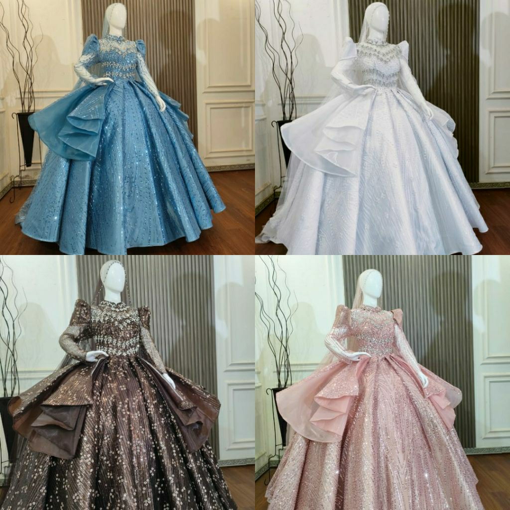 gaun payet mekar luxury mewah premium merah maroon / cokelat muda moka / putih pengantin manten mode