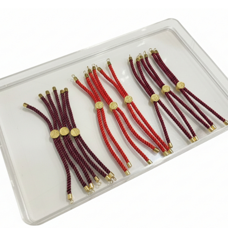 Aineed | Gelang Serut Korean - Gelang Aneka Warna Merah - Gelang Serut Tali - Charm Berwarna Emas
