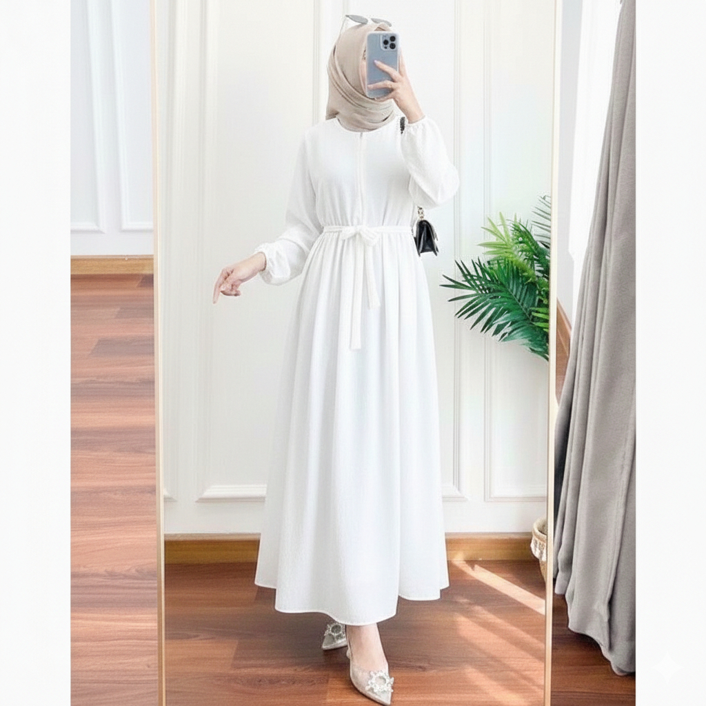Midi Dress Putih Polos Terbaru Baju Wanita Dewasa Bahan Crinkle Airflow Terlaris