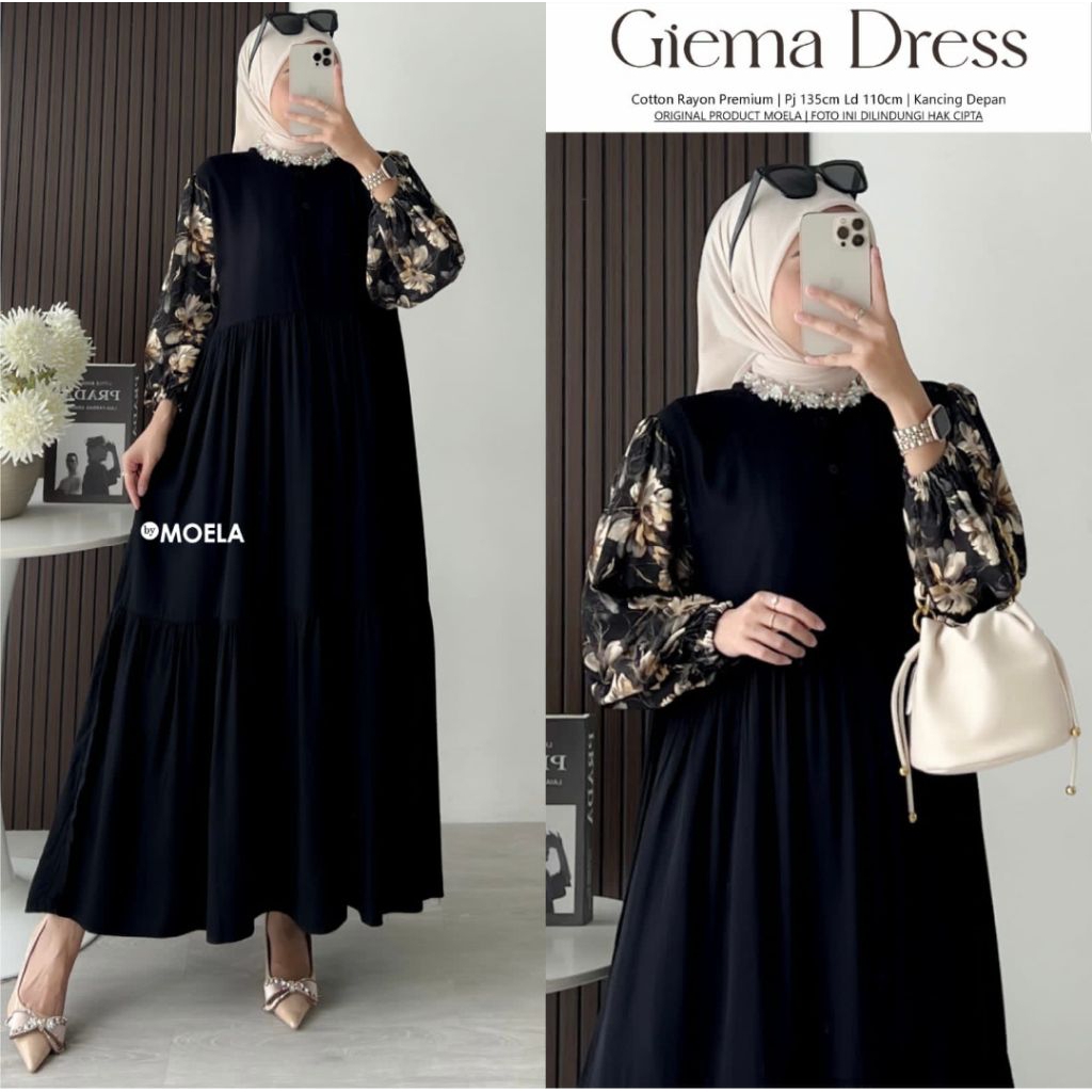 Giema Dress ori Moela gamis kombinasi warna hitam LD 110cm daily wear