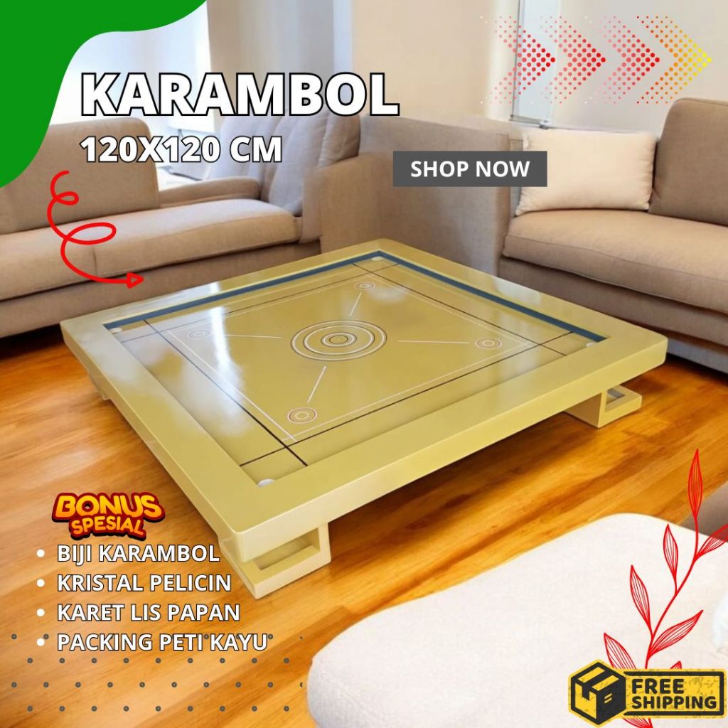 Meja Karambol ukuran standard Kayu 120x120cm Semi Meranti Jati Warna Coklat Lengkap 1 Set