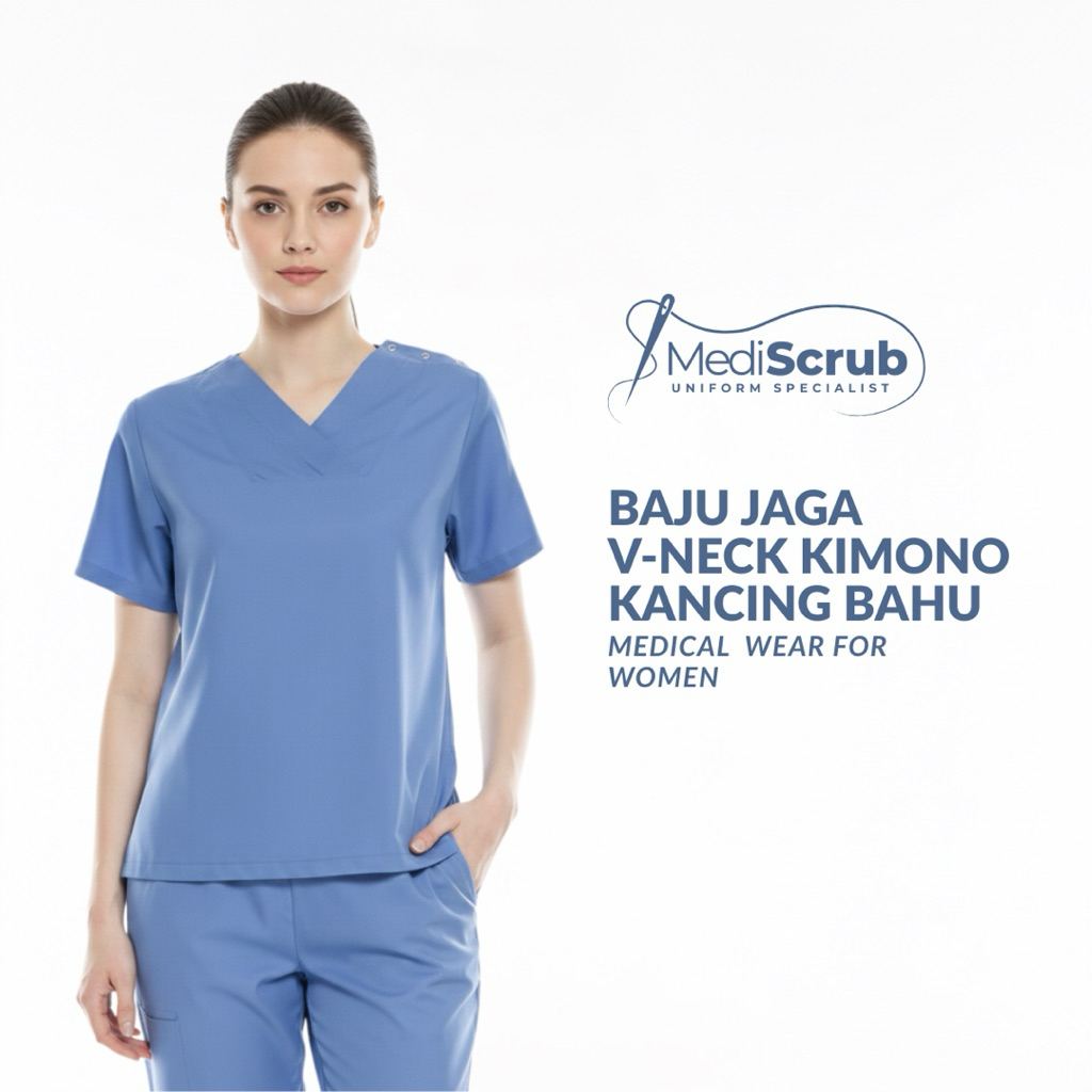 Scrub Kerah V Neck Kimono Kancing Bahu / Baju Jaga Ok Medis Dokter Perawat Bidan / Seragam Rumah Sak