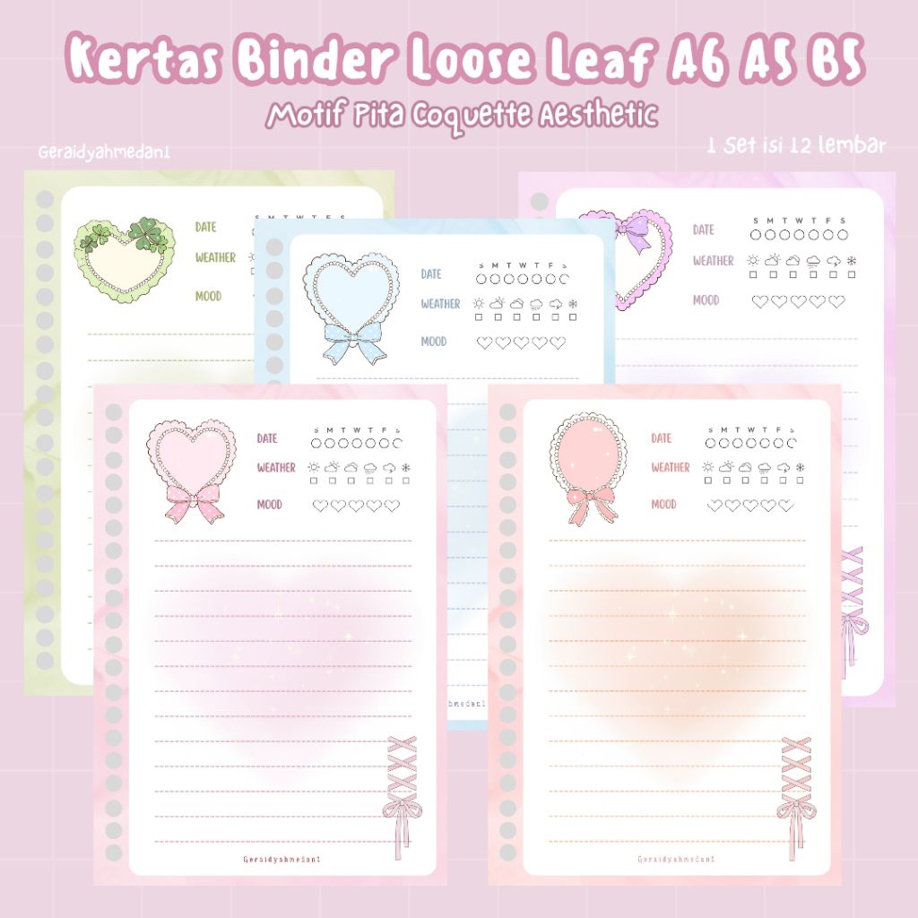 Kertas Binder Loose Leaf A6 A5 B5 Motif Pita Coquette Aesthetic