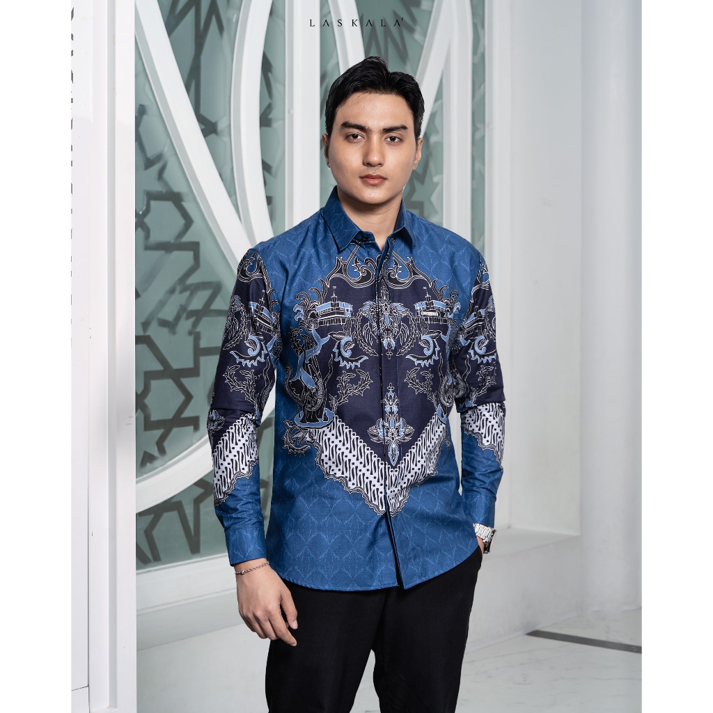 HAVAR x Laskala Batik Premium Surabaya Biru Kemeja Batik Pria Slimfit Lengan Panjang