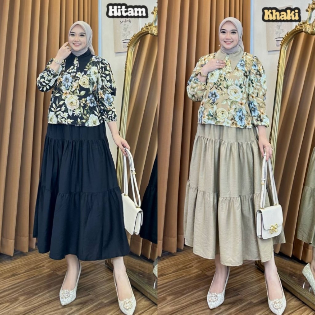 [NEW] One Set Rok Flora - Setelan Wanita Kekinian Motif Bunga Kerah Shanghai