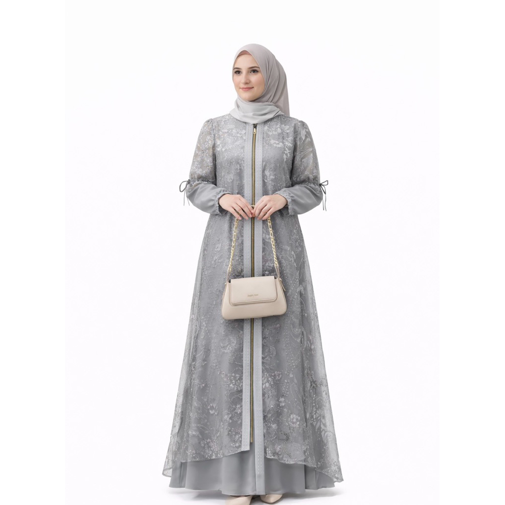 Gamis Organza Motif Bunga Mix Marbella Polos Abaya Outer Rompi Lepas Model Terbaru Lebaran