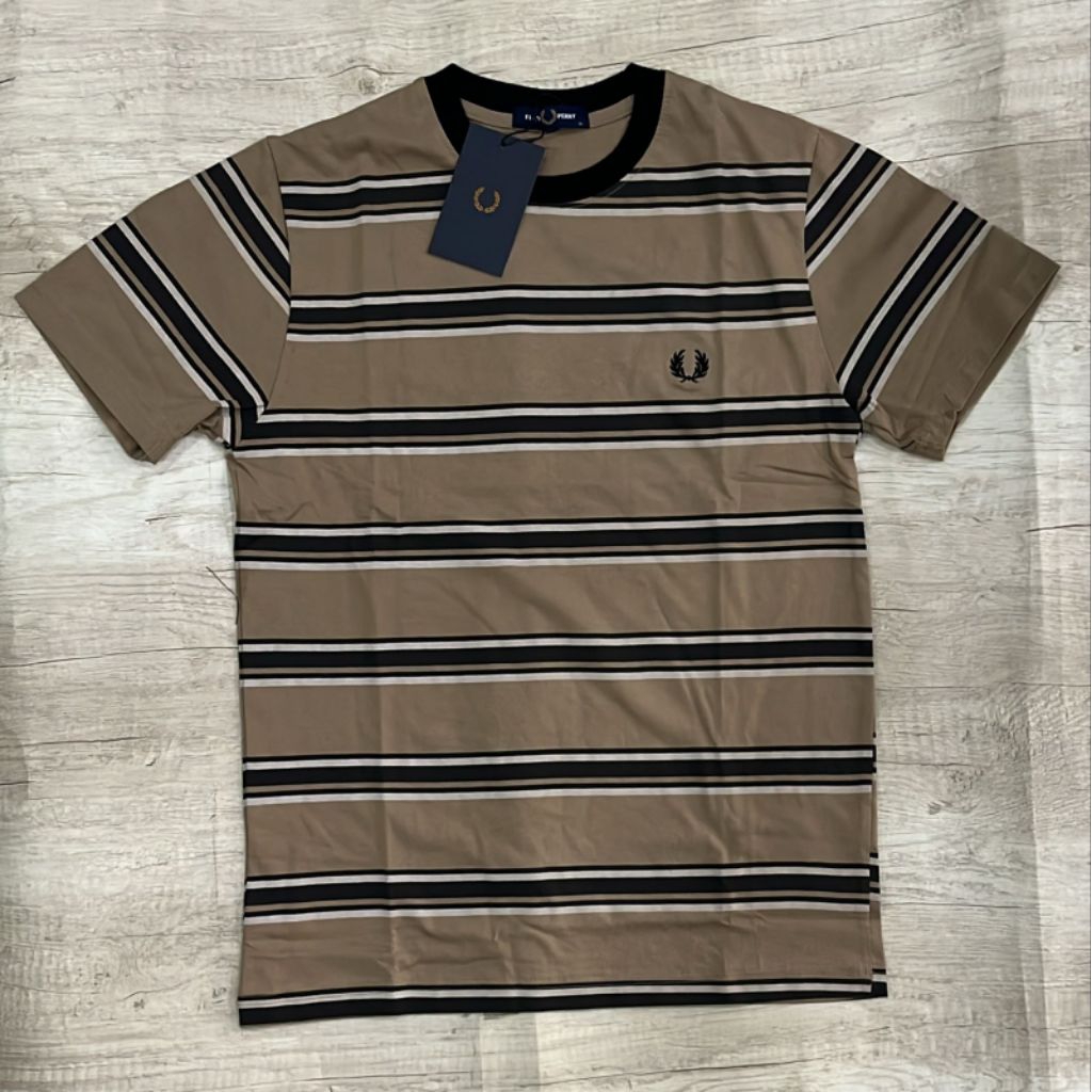 FRED Perry Kaos Pria Lengan Pendek dengan Garis Hitam Putih dan Logo Kecil bordir premium 24s