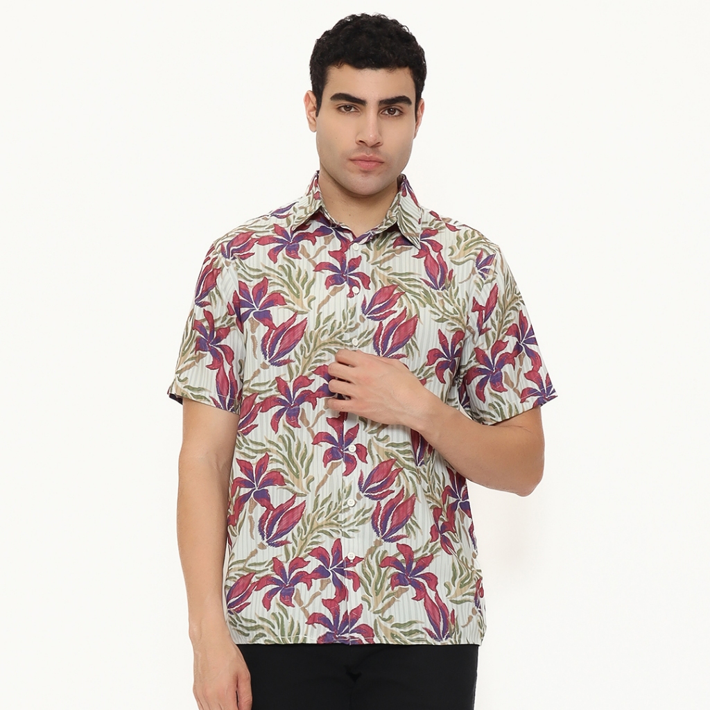 Highseas - Kemeja Pria Full Print Motif Floral Tropis Garis Vertikal Putih Merah Ungu - XZQG